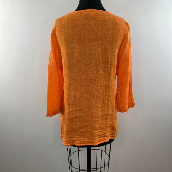 FLAX Orange Tunic Top Linen Scoop Neck Inverted Pleat 3/4 Sleeve Size S Small - Picture 7 of 10